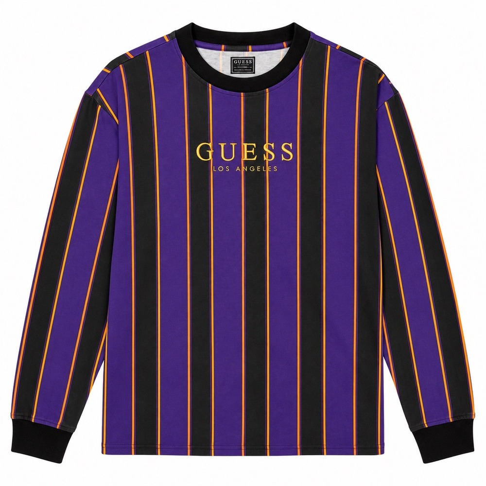 Guess Los Angeles Vertical Stripe Shirt Mens Size L Purple Black Blokecore Y2K